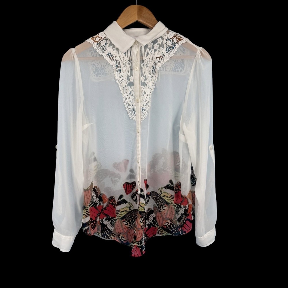 Candies Womens Blouse Large White Butterfly Print Lace Sheer Whimsygoth Y2K